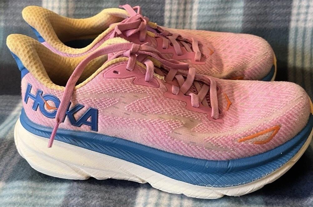 Women's Hoka Clifton 9 Pink Blue Athletic Sneaker Size 7B